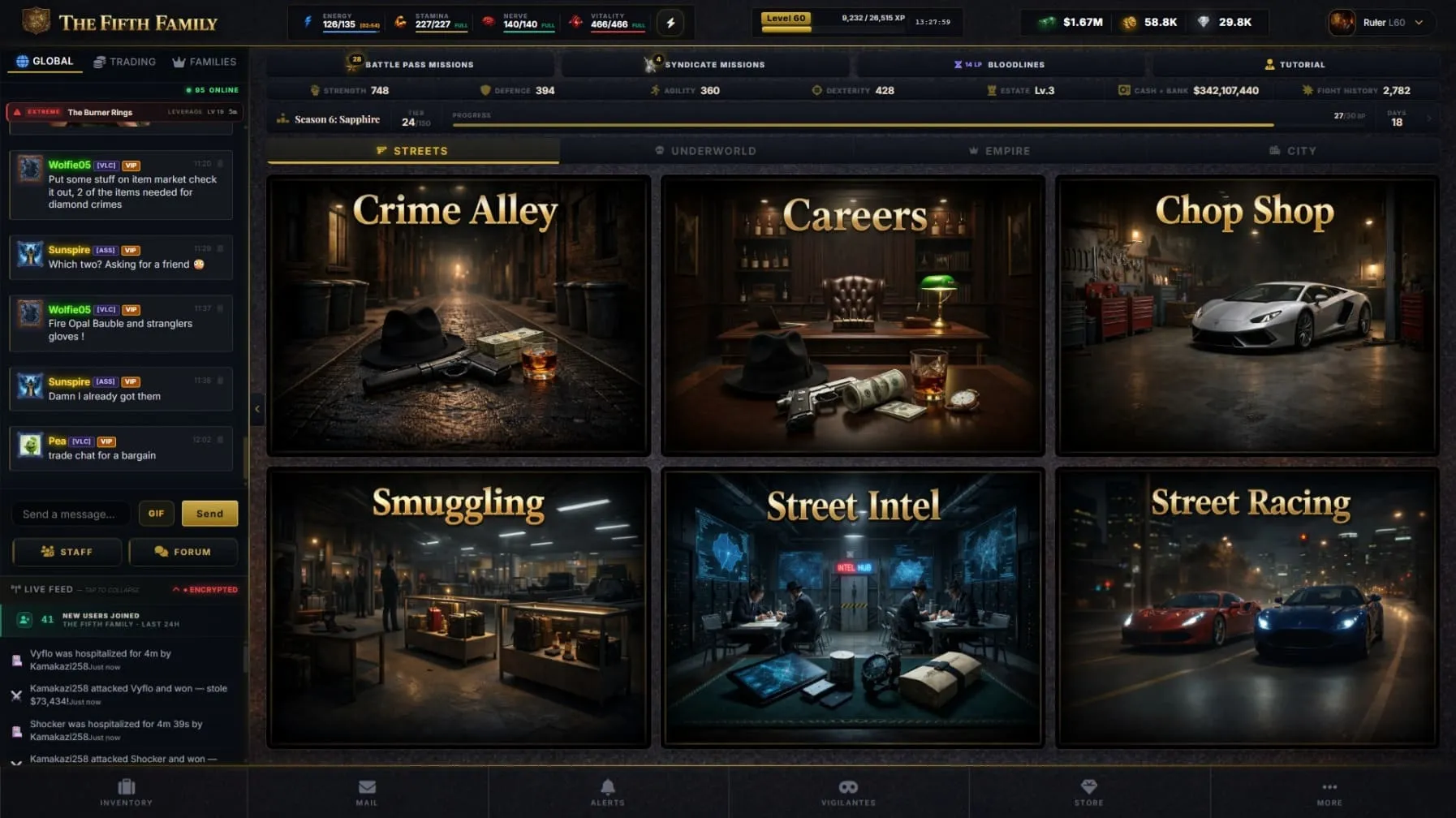 The Fifth Family game interface showing crime activities, live chat and player feed