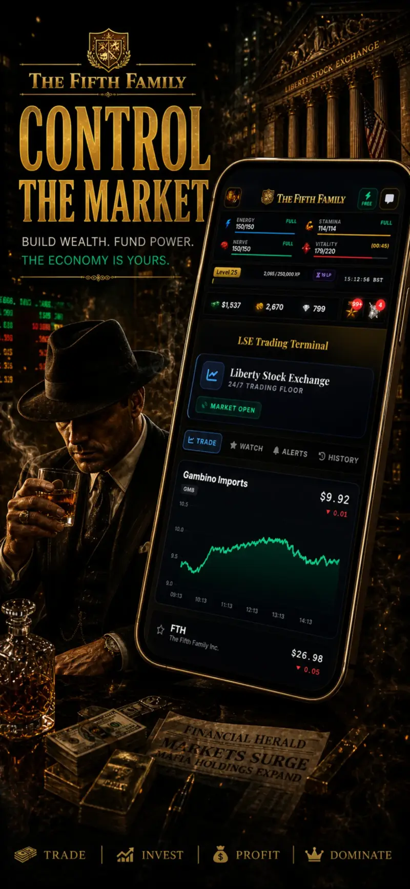 Trade on the Liberty Stock Exchange in The Fifth Family browser MMORPG